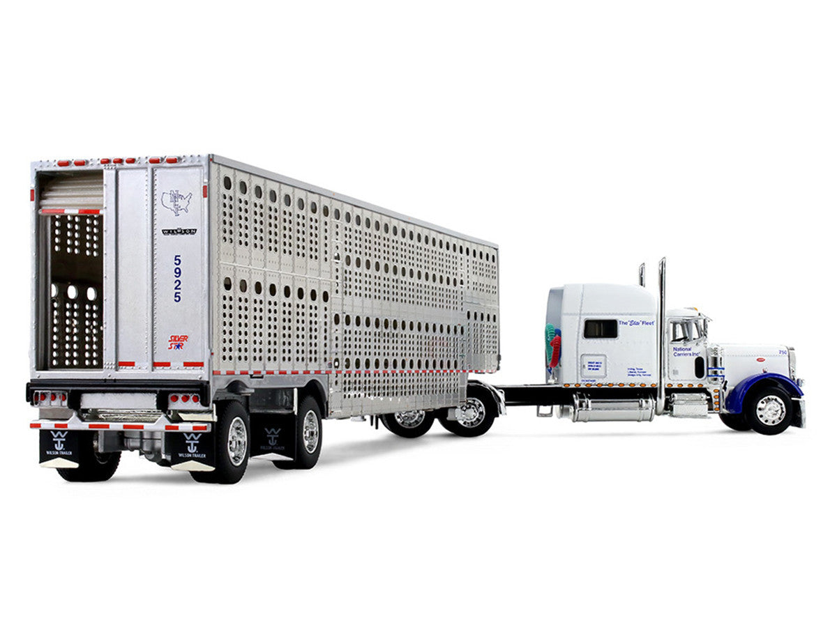 Peterbilt 379 with 70" Mid-Roof Sleeper and Wilson Silverstar Livestock Trailer "National Carriers" White "Legacy Series #5" 1/64 Diecast Model by DCP/First Gear