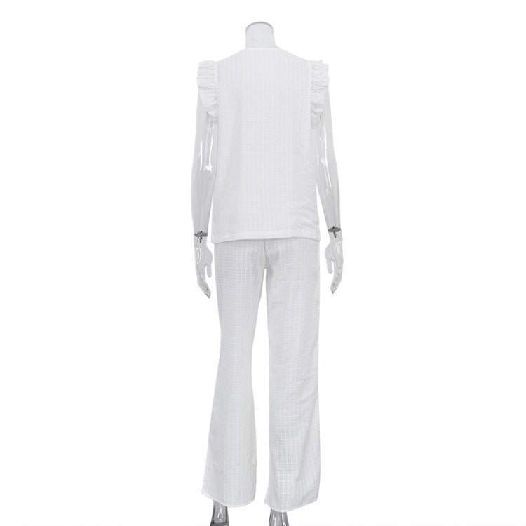 Cotton V-neck Flutter Sleeve Top And Trousers Loose Two-piece Casual Set