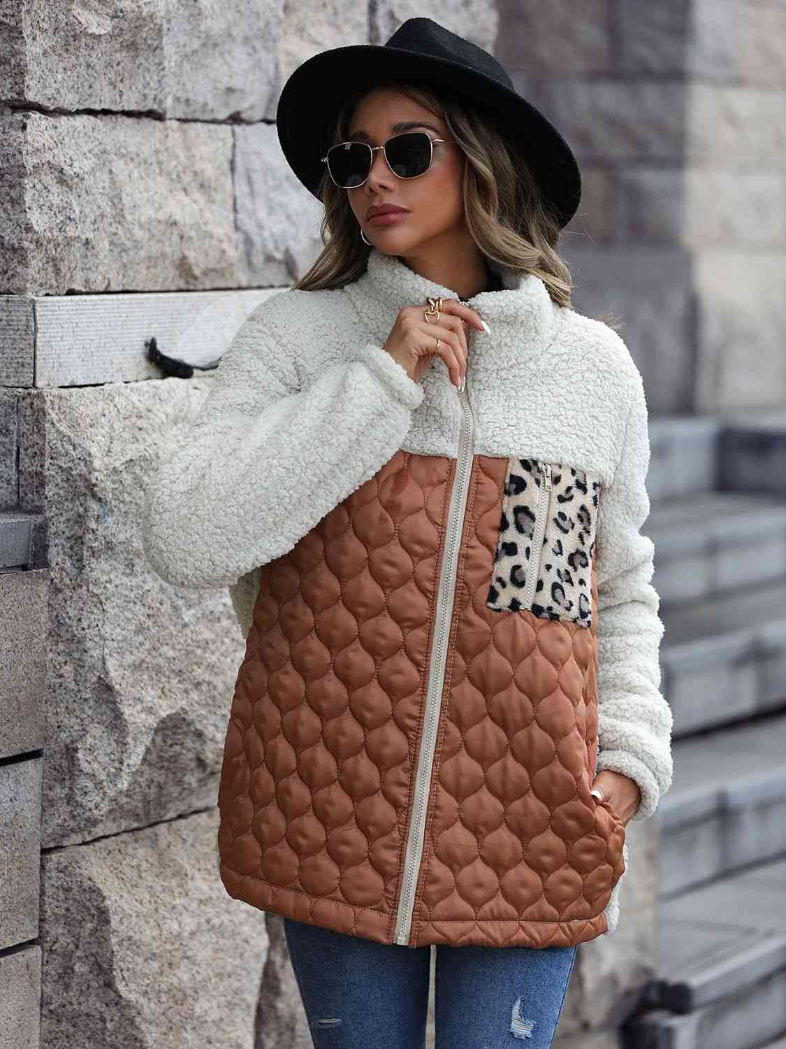 Women Leopard Color Block Zip-Up Jacket