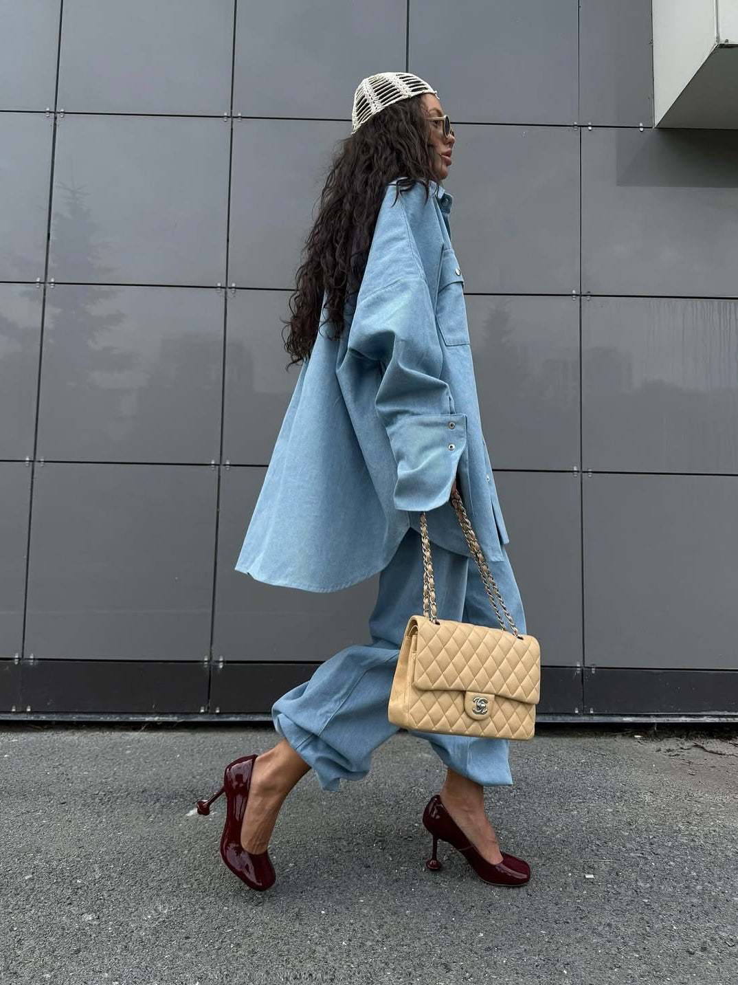 Light Blue Denim Oversized Shirt And Baggy Pants Set