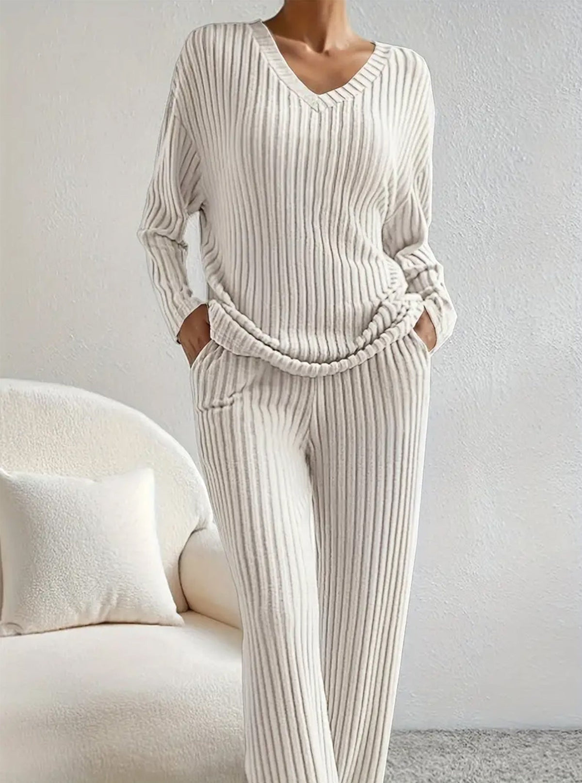 2026 Fall Winter New Arrival TwoPiece Outfit,Elegant Loose VNeck Knit Set With StraightLeg Pants
