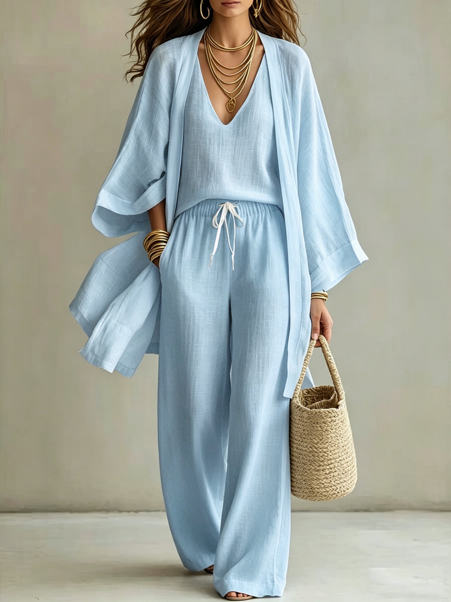 Womens Casual Three-piece Set Nine-quarter-sleeve Cardigan Sleeveless Vest And Long Pants
