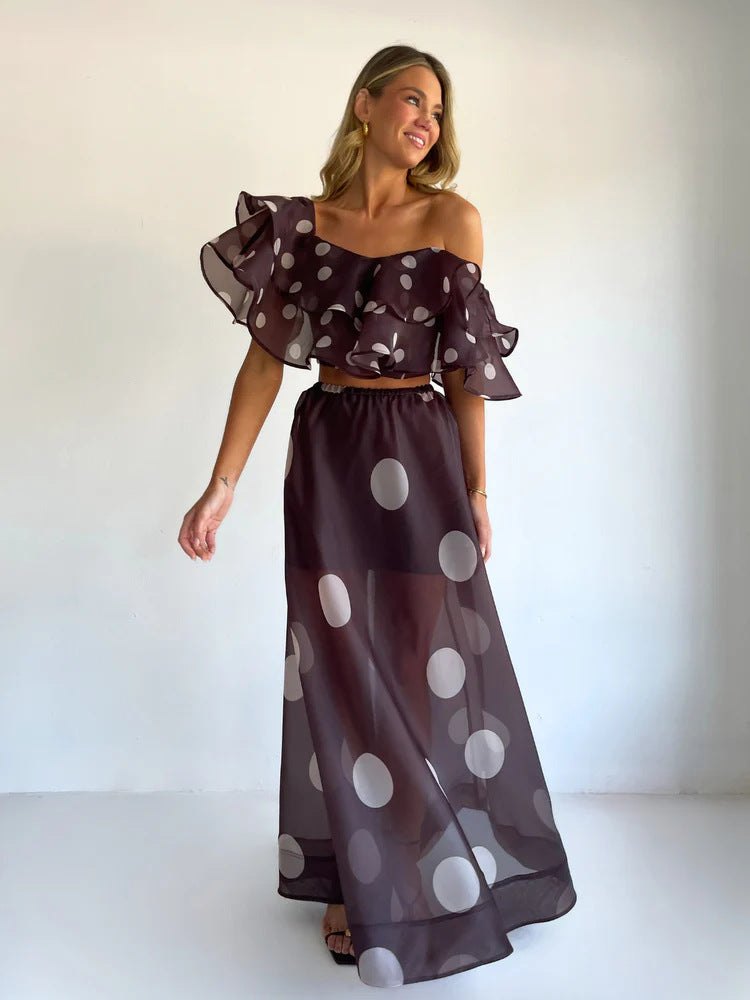 Sexy Strapless Irregular Print Ruffled Fashion Suit Long Dress