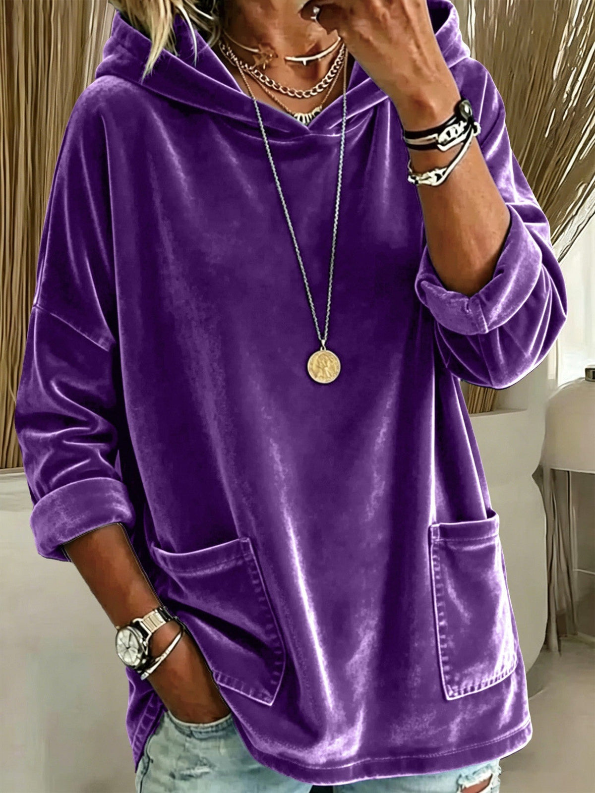 2026 New European & American Casual Solid Color Fleece Hoodie, Women Loose Long Sleeve Pullover Sweatshirt