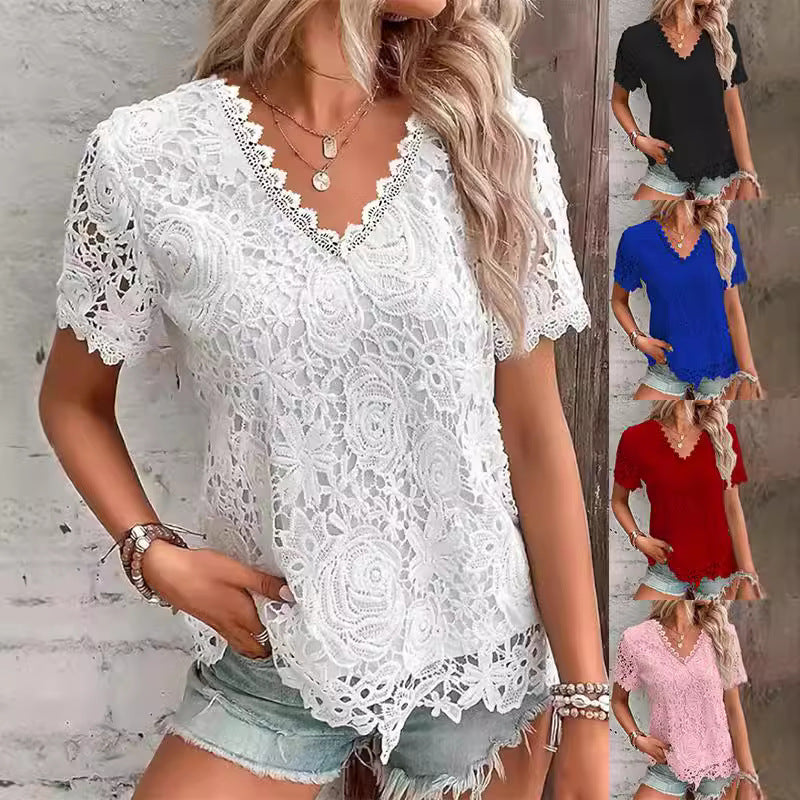 2026 New European And American Women's Fashion Versatile Top Sexy Lace Short Sleeved T-shirt