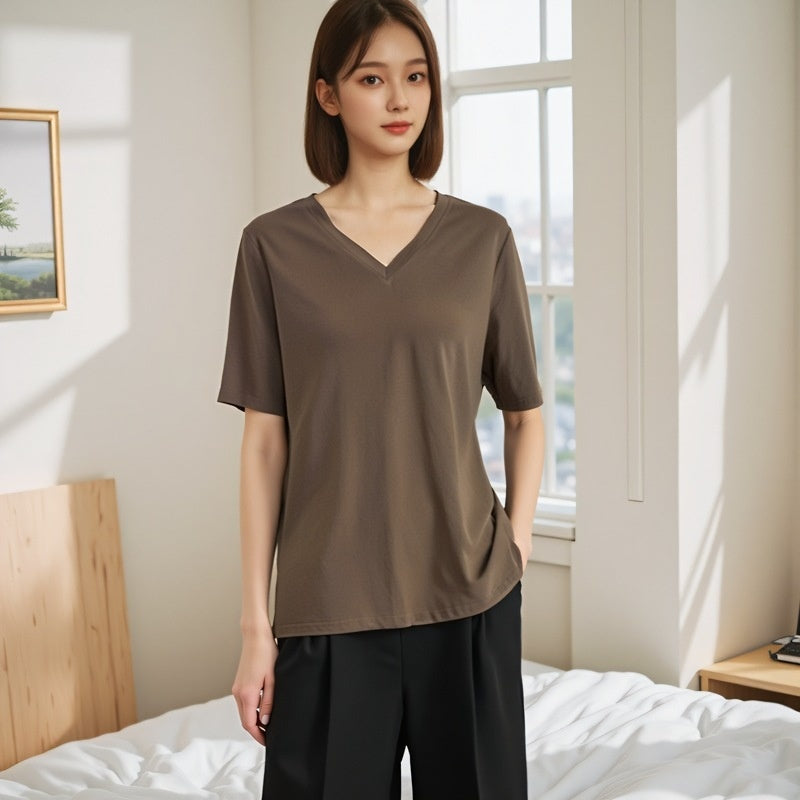 Summer Pure Cotton Short Sleeve T-shirt Top V-neck Loose