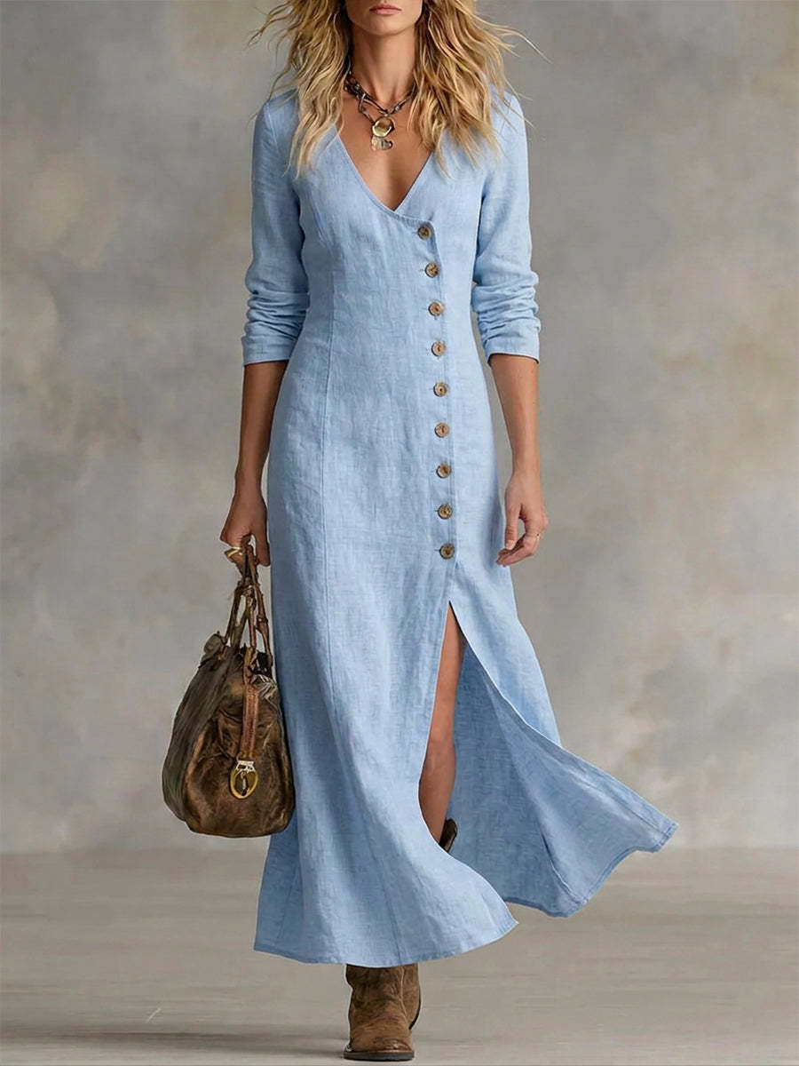Fashionable Casual Cotton-Linen Long-Sleeve Womens Dress