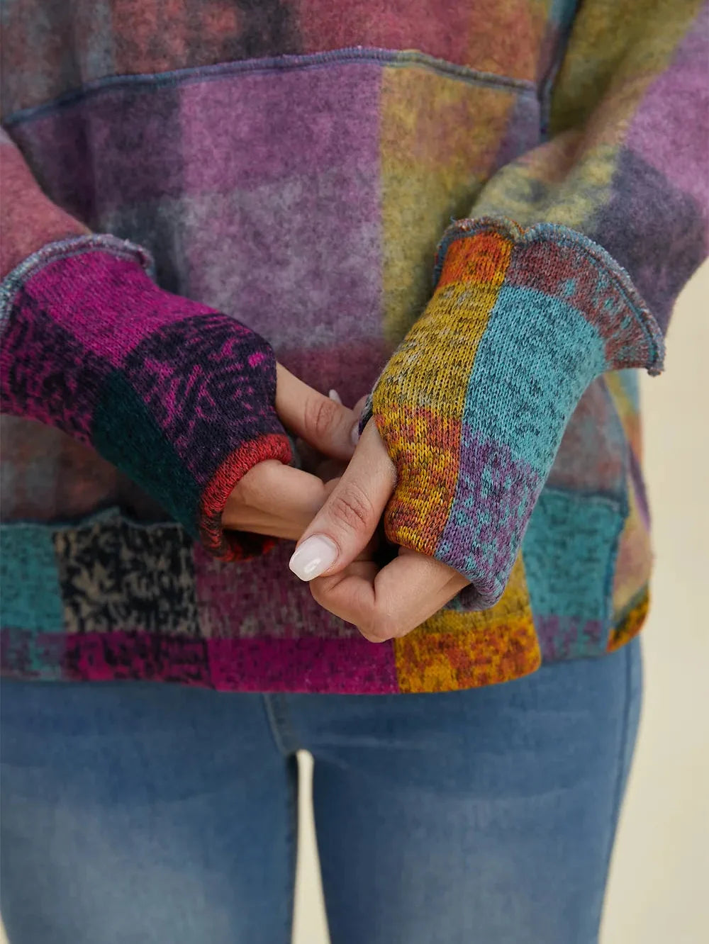 Double Take Full Size Plaid Dropped Shoulder Fleece Hoodie