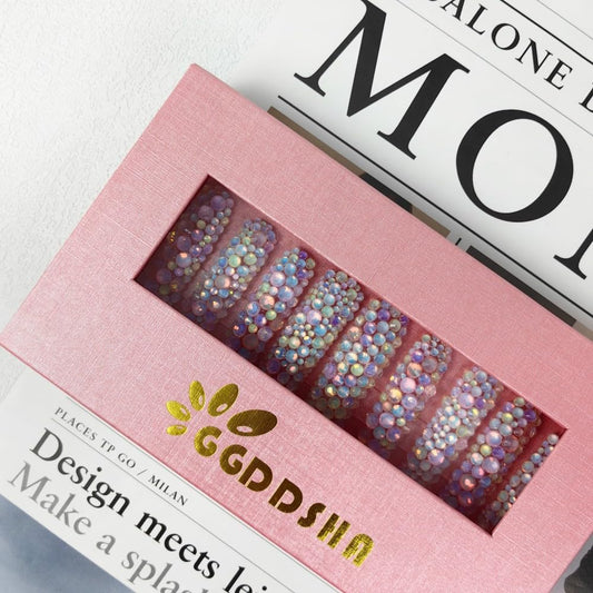 GGddsha Long Novel Design And Reusable HandmadePMMA Acrylic Press On Nails Full Coverage Candy 3D CrystaFake Nails With Box Gifts For Women,Pastel Galaxy
