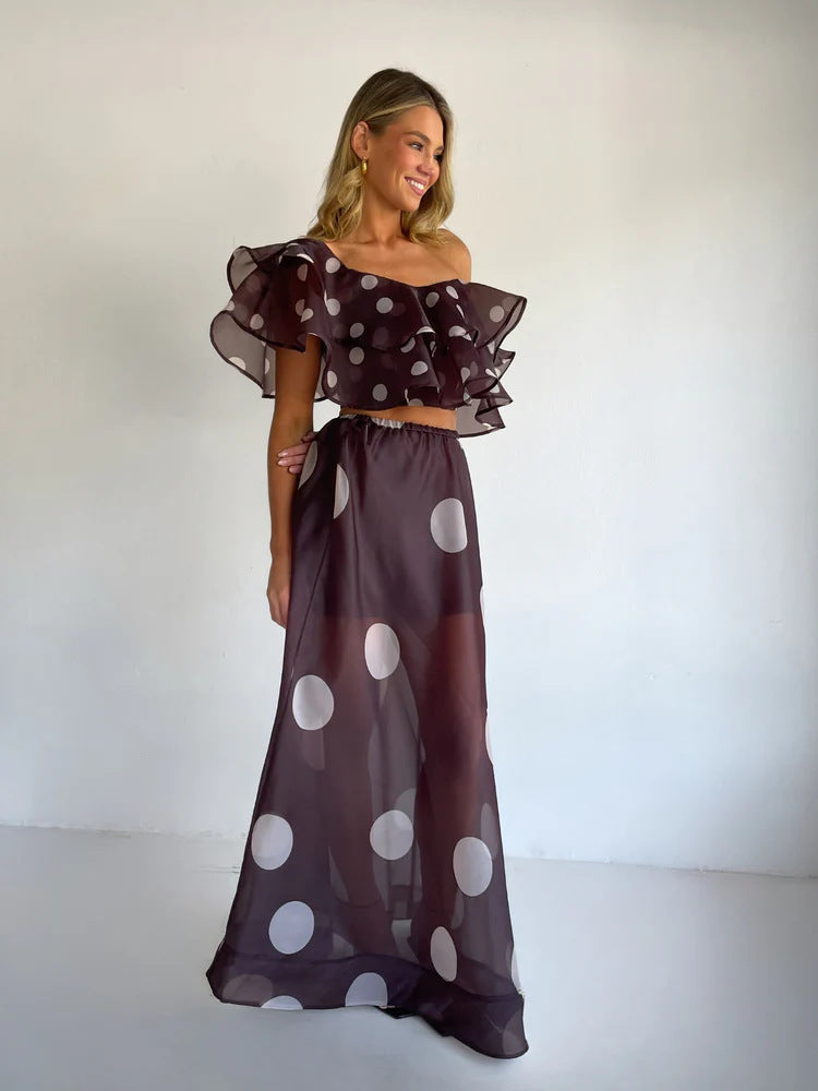 Sexy Strapless Irregular Print Ruffled Fashion Suit Long Dress