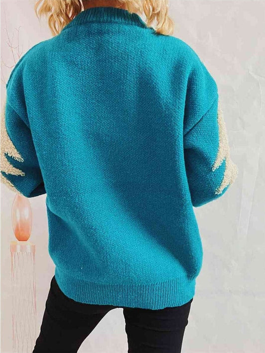 Women Sequin Christmas Tree & Reindeer Round Neck Sweater