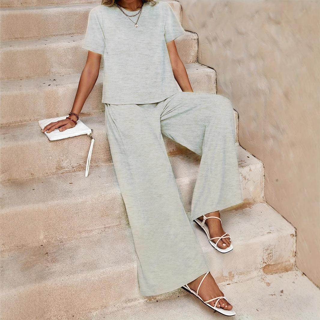 Women's Summer Fashion Solid Color Round Neck Top Paired With Casual Wide Leg Pants Set