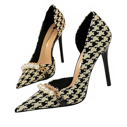BIGTREE Shoes 2026 Spring Women Pumps Pearl Metal Chain High-heels Checked Grain Stilettos Women Heels Luxury Banquet Shoes 43