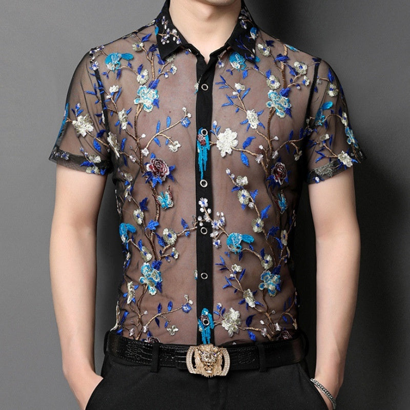 Short Sleeve Hollow Men's Shirt Flocking Embroidered Shirt