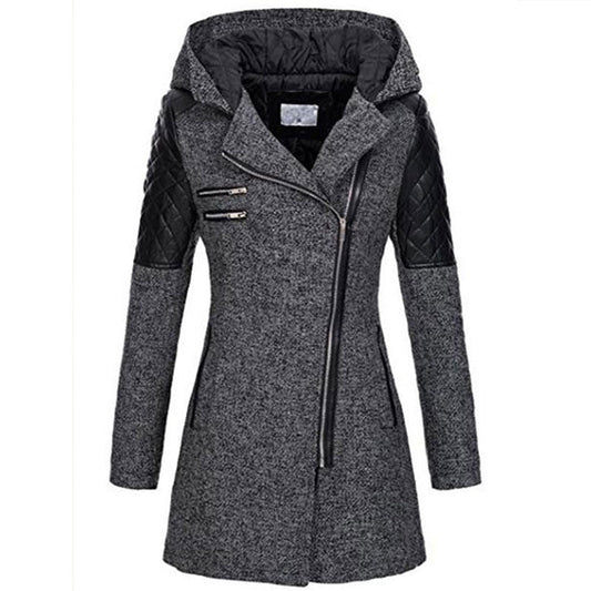 Women Warm Slim Full Zipper Coat Thick Woolen Coat Female Fall Winter Windbreaker Hooded Diagonal Zipper Women's Clothing