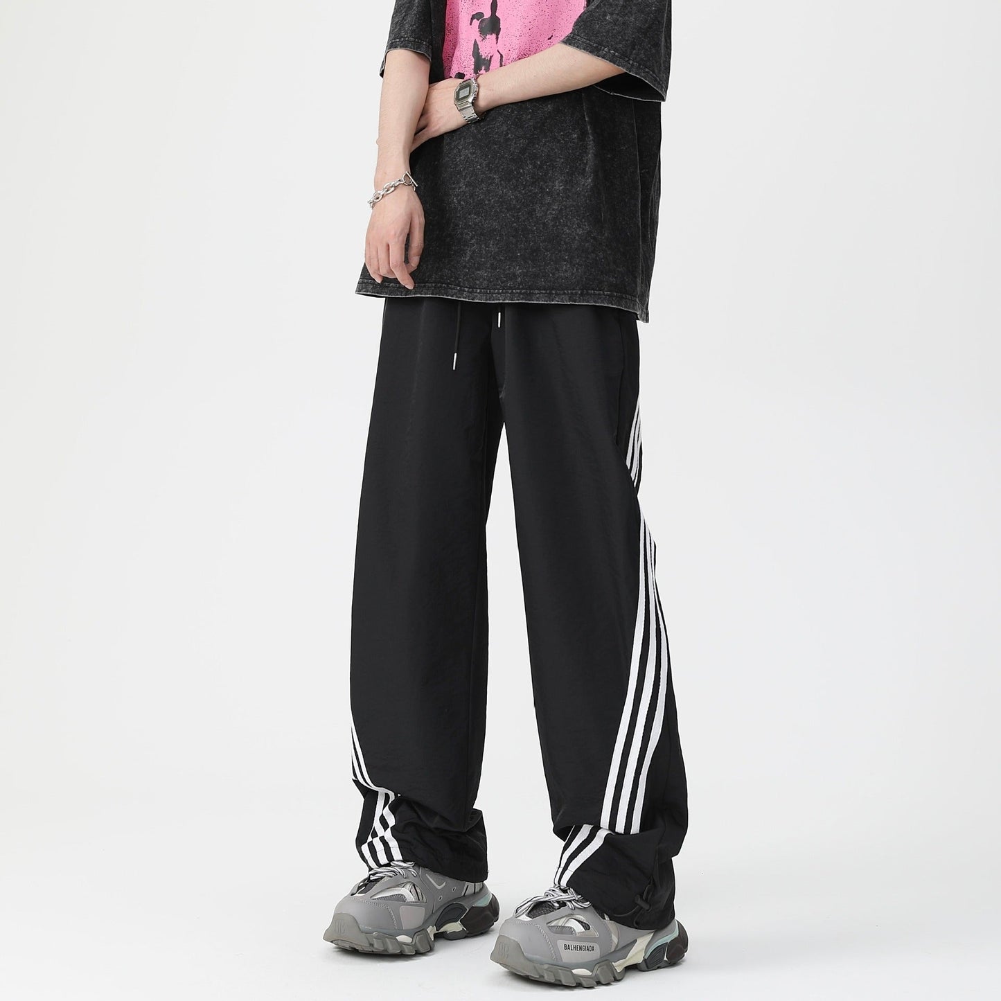Men's Loose Casual Striped Stitching Wide Leg Track Pants