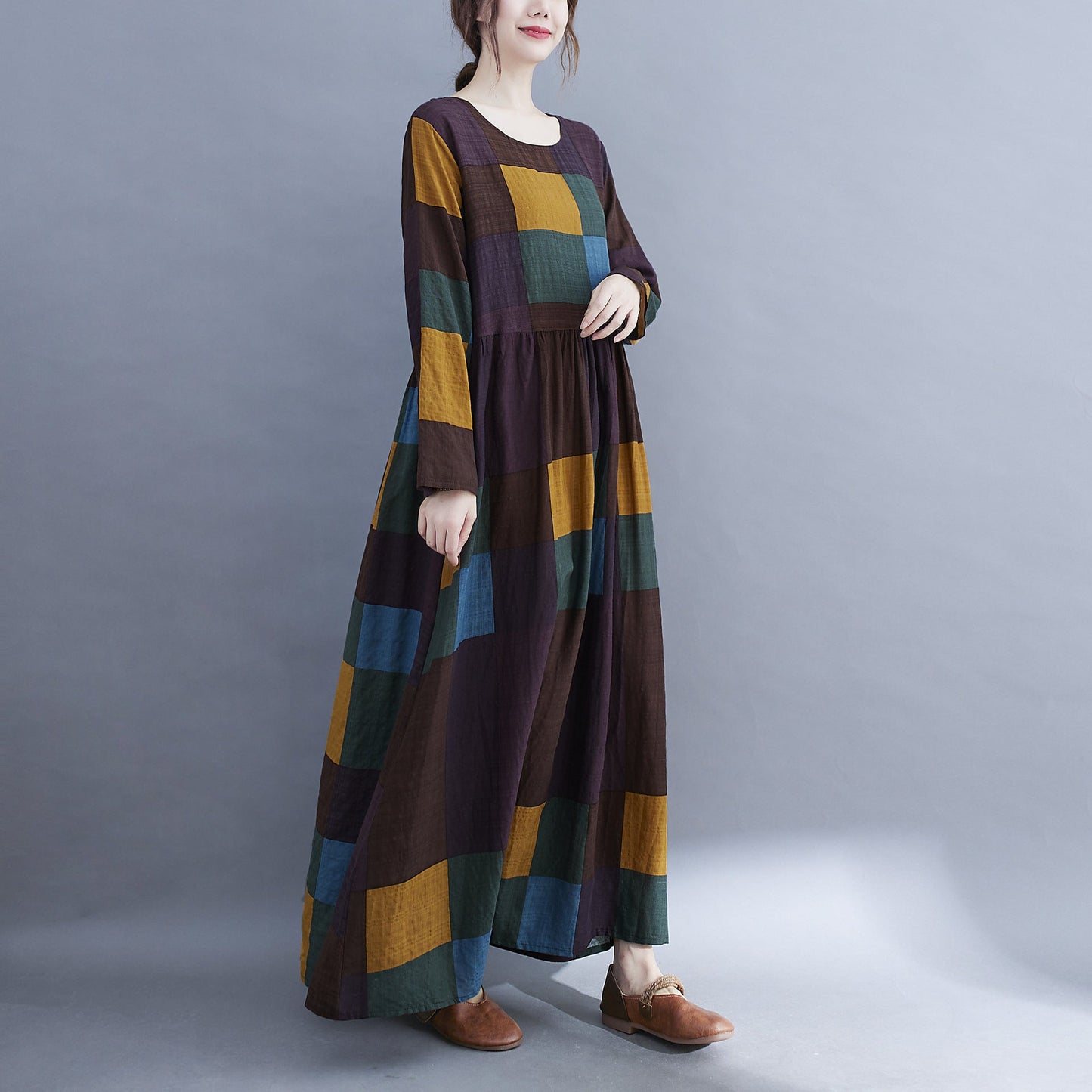 Literary Plus Size Plus Fertilizer Plus Printing Long-sleeved Dress