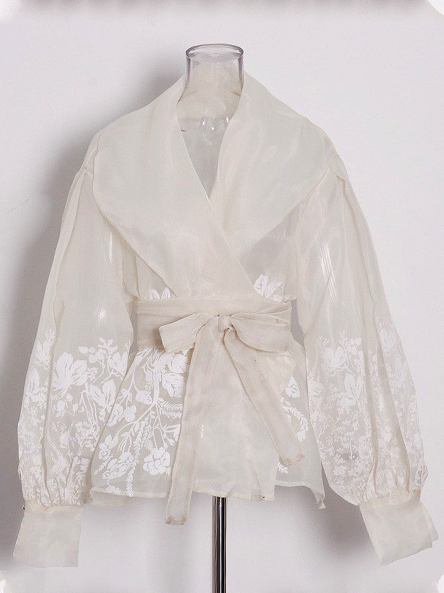 Floral Embroidery Wrap Belted Bishop Sleeve Blouse