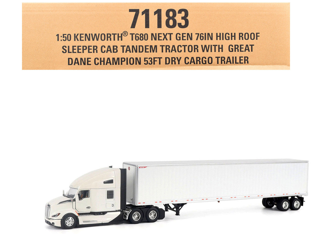 Kenworth T680 Next-Gen 76" High-Roof Sleeper Tandem Tractor White with Great Dane Champion 53ft Dry Cargo Trailer "Transport Series" 1/50 Diecast Model by Diecast Masters