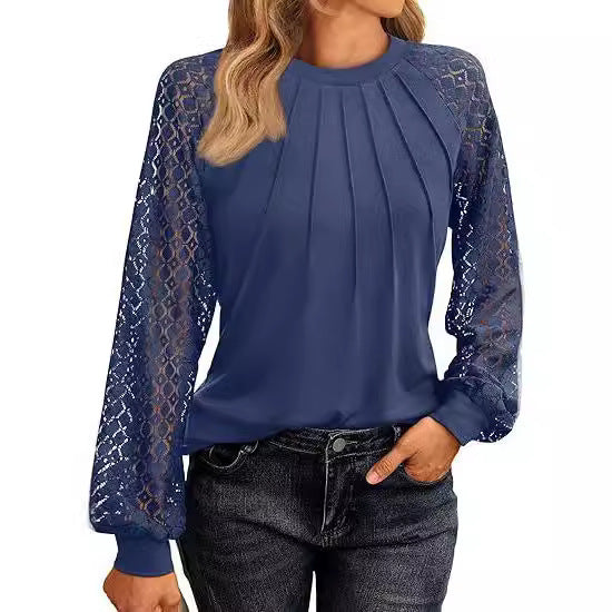 2026 Autumn New European And American Women's Long Sleeved Shirt Lace Top Casual Knitted Shirt