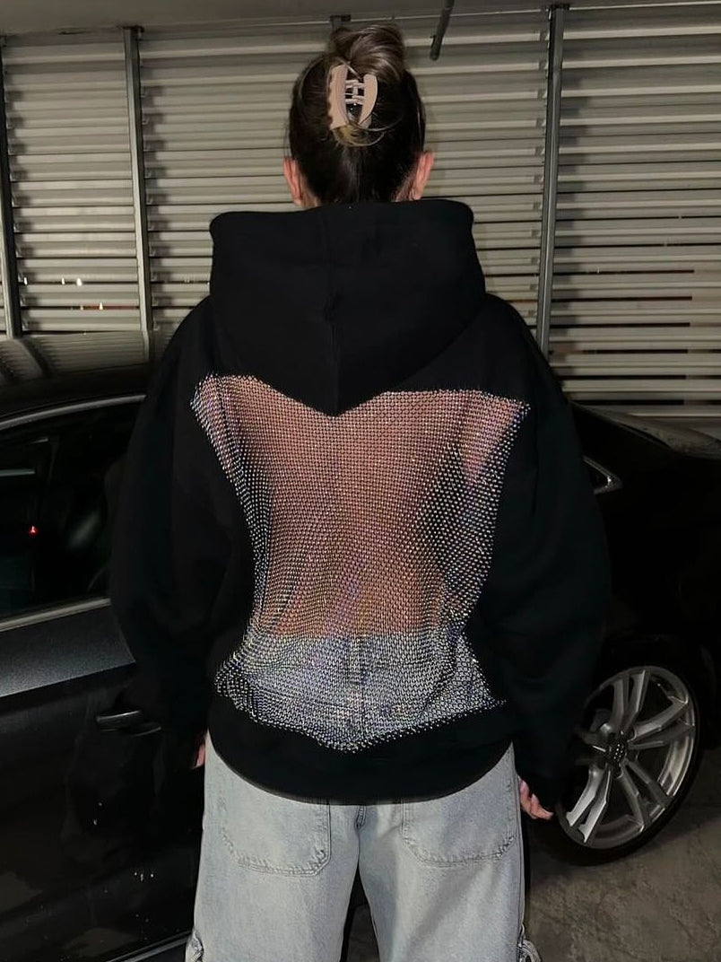 Casual Patchwork Mesh Diamond Hooded Sweatshirt