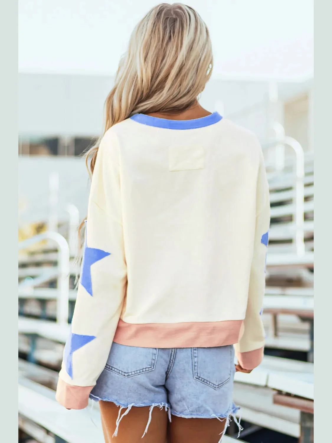 Women Star Contrast Round Neck Long Sleeve Sweatshirt