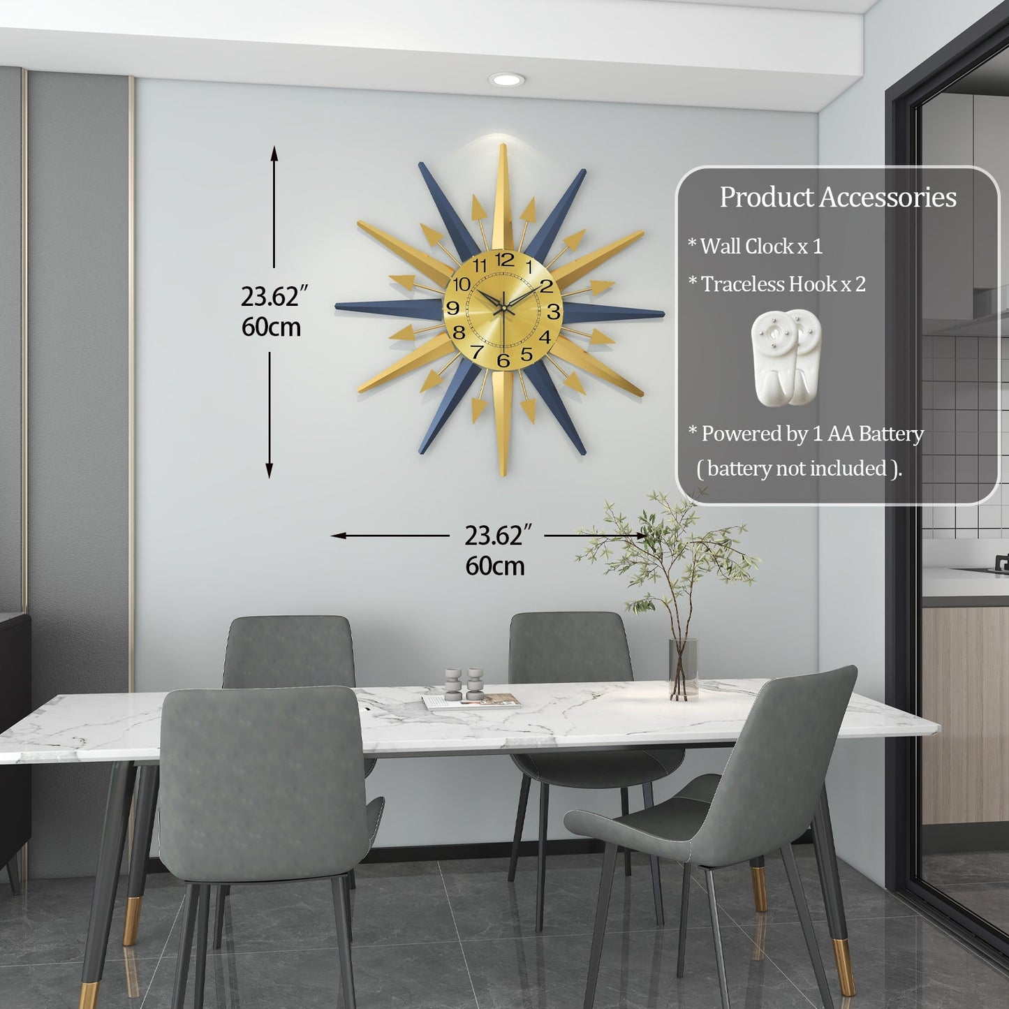 Sunburst Wall Clock Metal Modern Decorative Home Decor