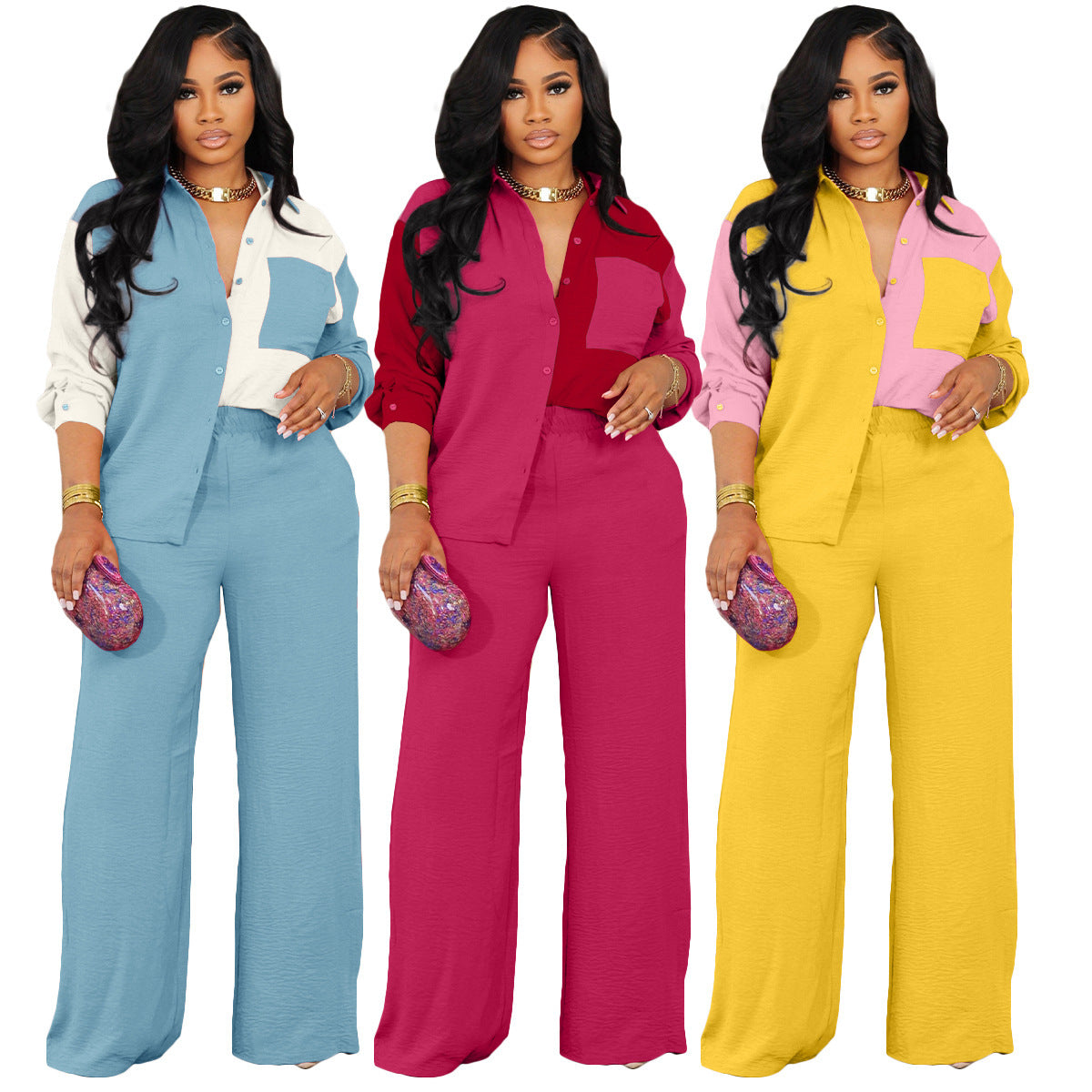 New Color Contrast Patchwork Pocket Casual Shirt Suit Two-piece Set