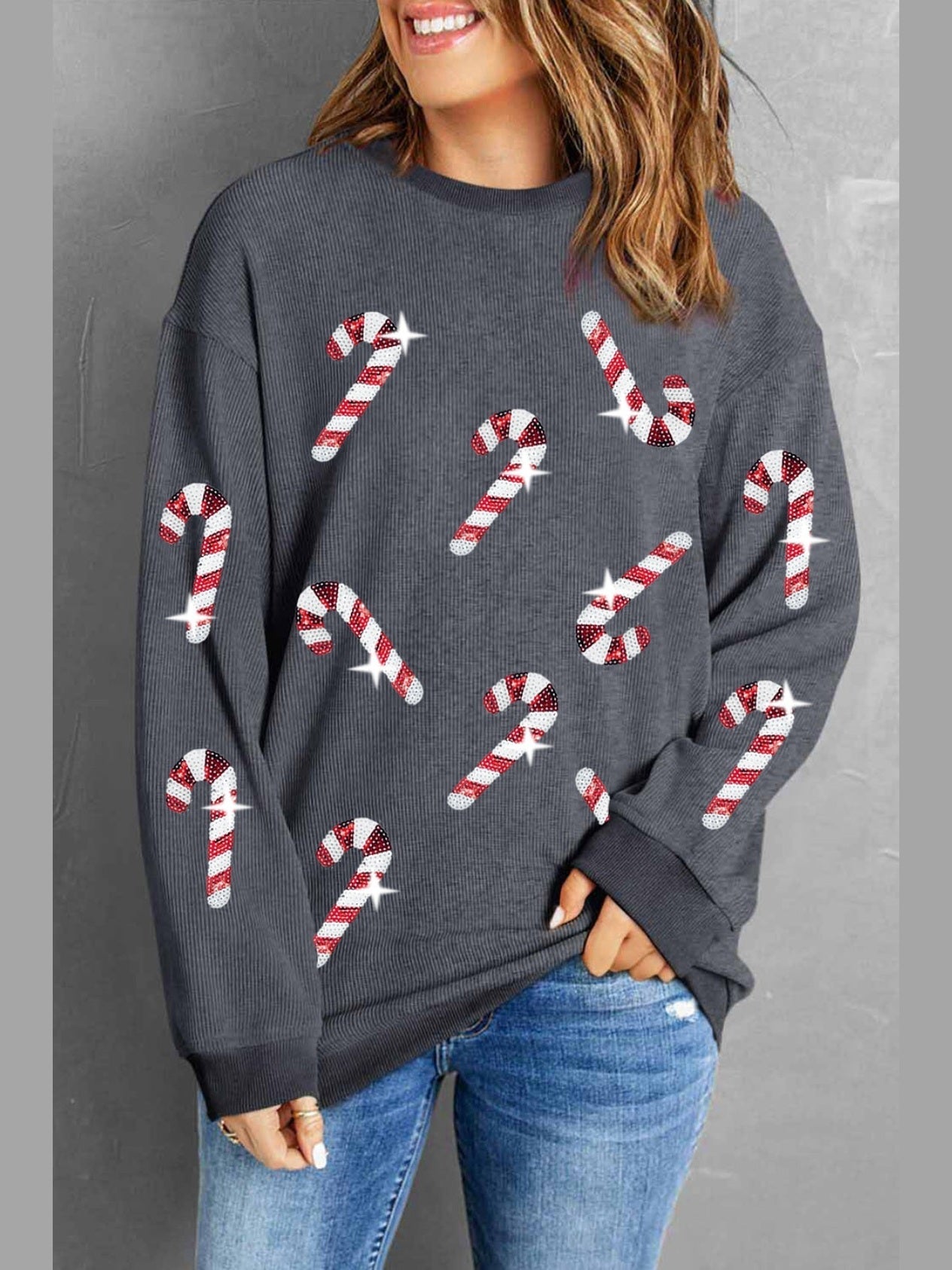 Women Sequin Candy Cane Round Neck Christmas Sweatshirt