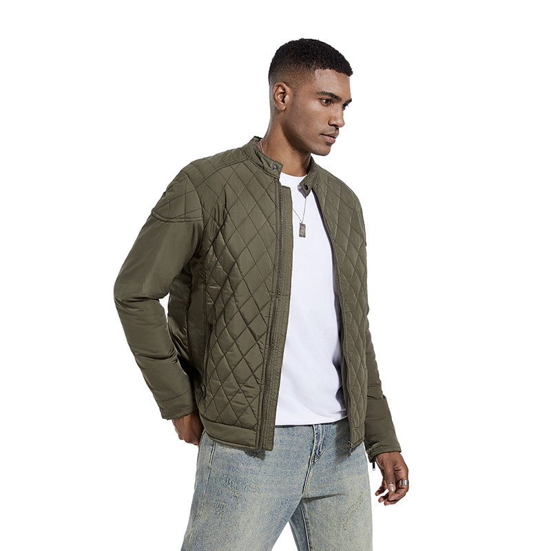 2026 Cross-Border Autumn And Winter Men's Lightweight Cotton Jacket Casual Diamond-Shaped Stand Collar Coat Harrington Jacket Cotton-Padded Jacket Men's Fashion Trend