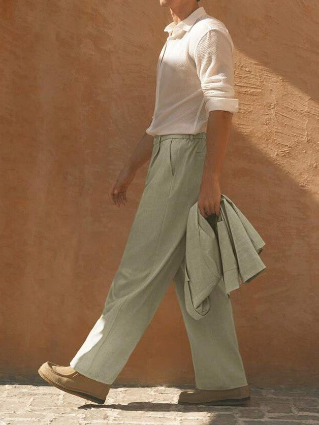 Men's Light Green Double - Breasted Blazer & Wide - Leg Pants Set