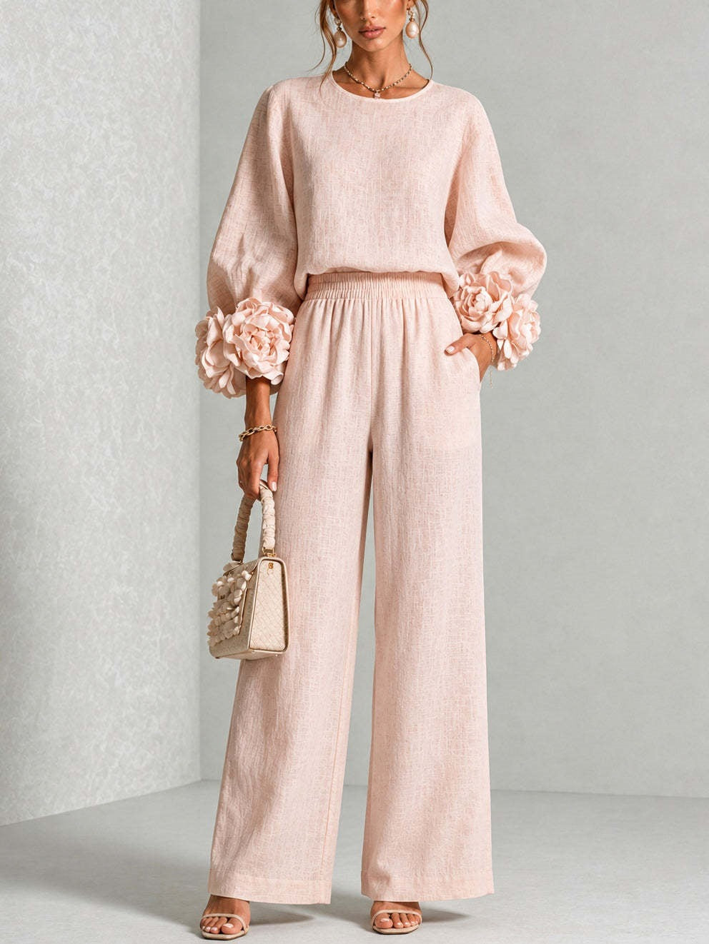 2026 New Beige European And American Style Floral Cuff Top And Wide Leg Pants Set
