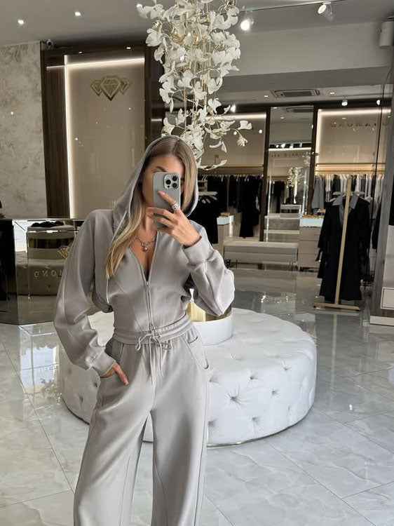 Solid Color Zip-up Cardigan Hooded Sweatshirt With Waist-cinching Design And Drawstring Pants Two-piece Set