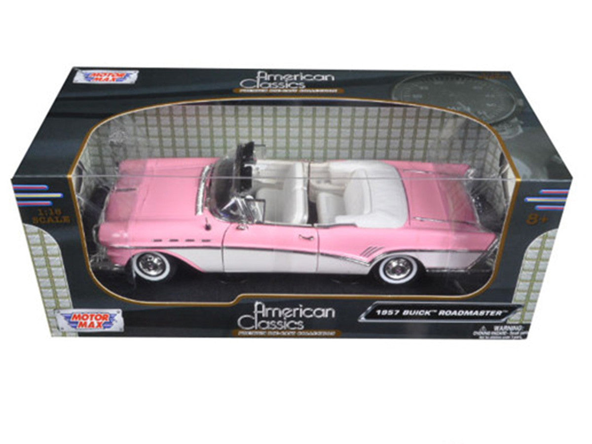1957 Buick Roadmaster Convertible Pink and White 1/18 Diecast Model Car by Motormax