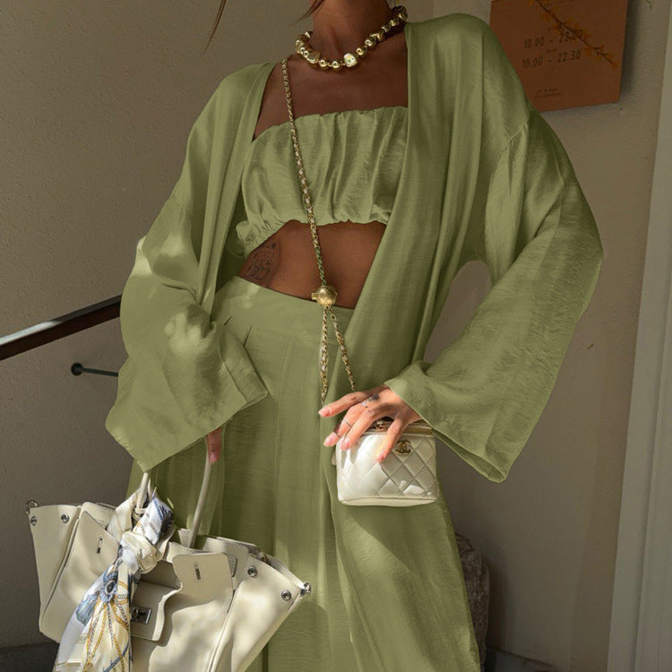 Sage Green 3-Piece Loungewear Set - Crop Top, Kimono Cardigan & Wide Leg Pants