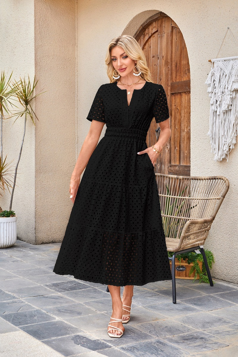 V-neck Hollow Pleated Short Sleeves Long Dress