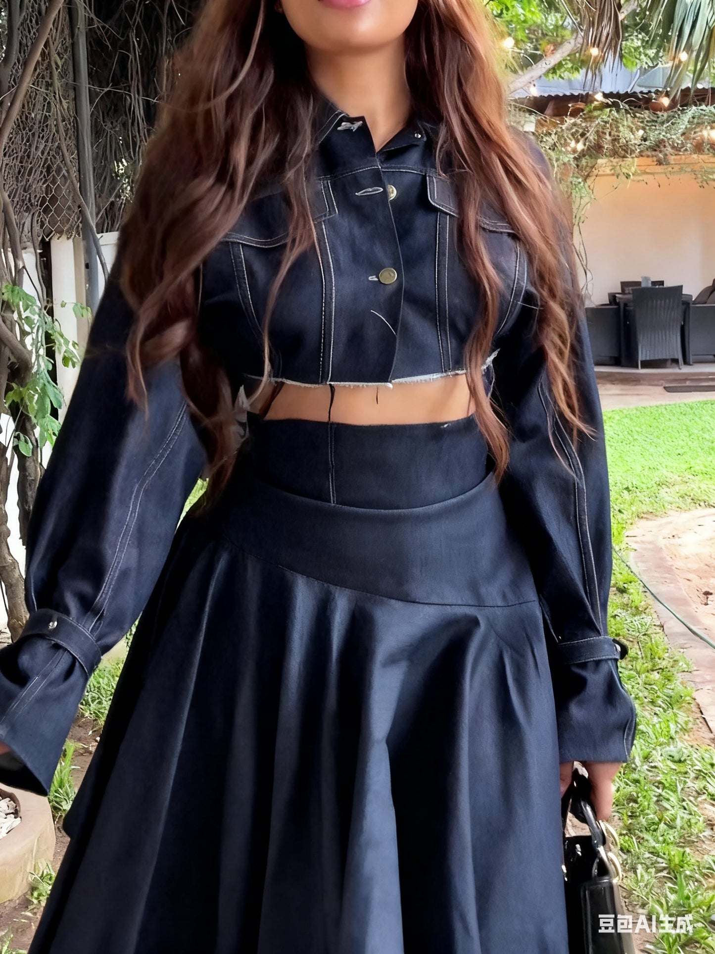Chic Long-sleeved Cropped Jacket & Irregular Hem Denim Skirt Set