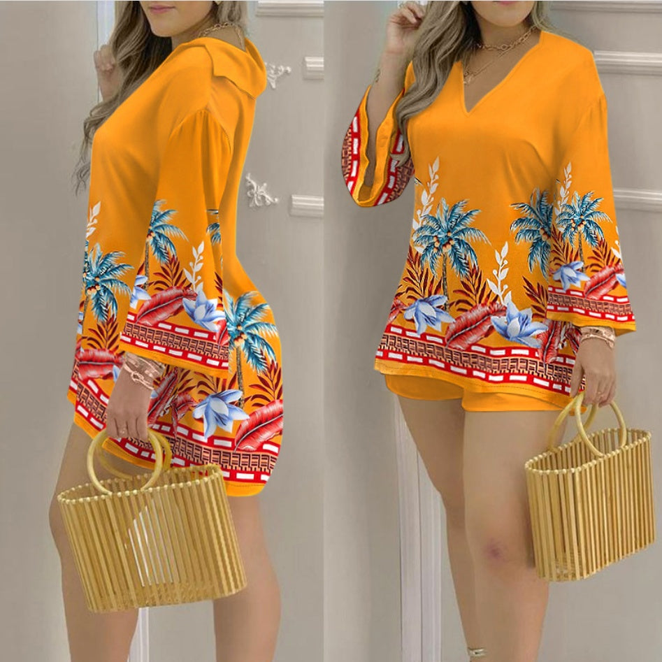 Women's V-neck Top And Shorts Casual Set