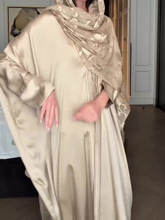 Light Beige Satin Floral Jacquard Pleated Longline Kimono Cardigan
