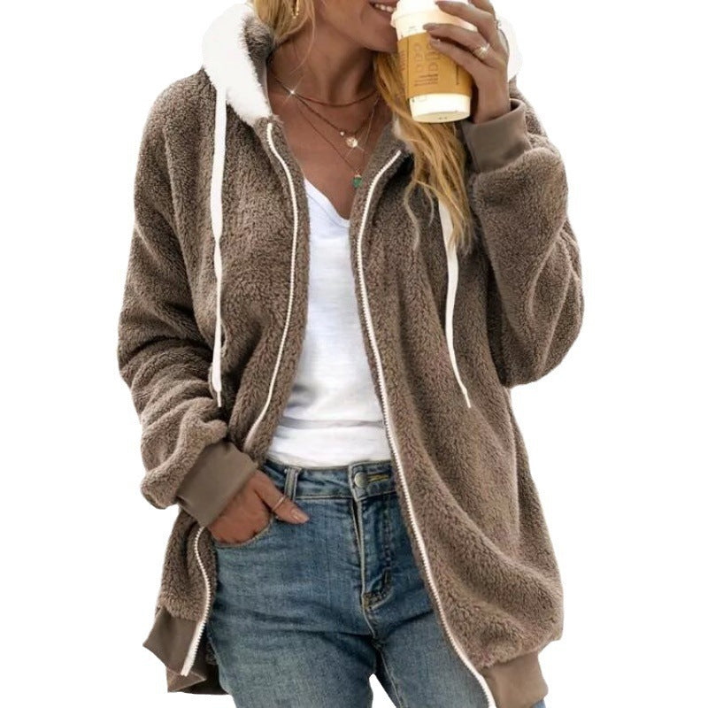 2026 Amazon Hot Selling New Autumn And Winter Loose Plush Zipper Hooded Jacket For Women, Fashionable And Versatile