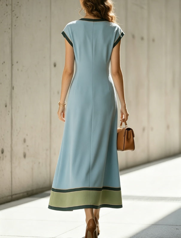 2026 New Haze Blue V-neck Contrasting Edge Waist Cinched Sleeveless Mid Length Temperament Dress