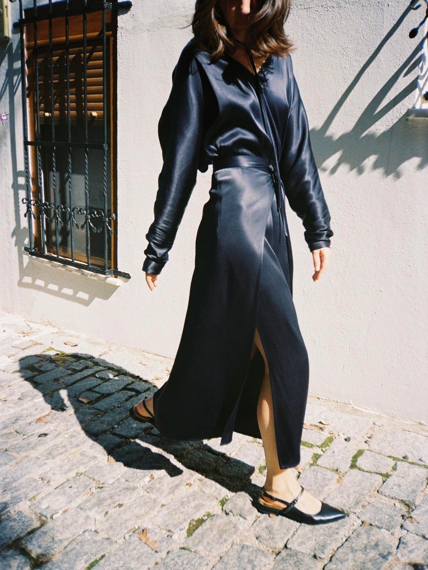 Navy Blue Satin Tie-Waist Slit Long Sleeve Maxi Dress