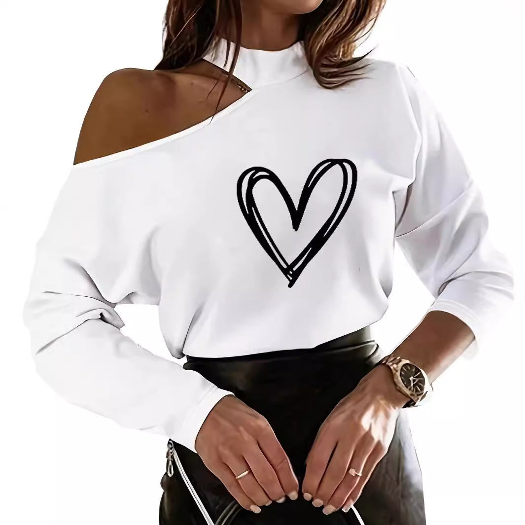Heart Printing T-shirt Off-the-shoulder Top For Women