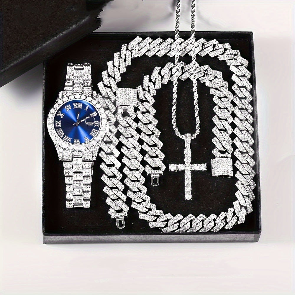 Diamond Luxury Steel Belt Quartz Watch Cuban Bracelet