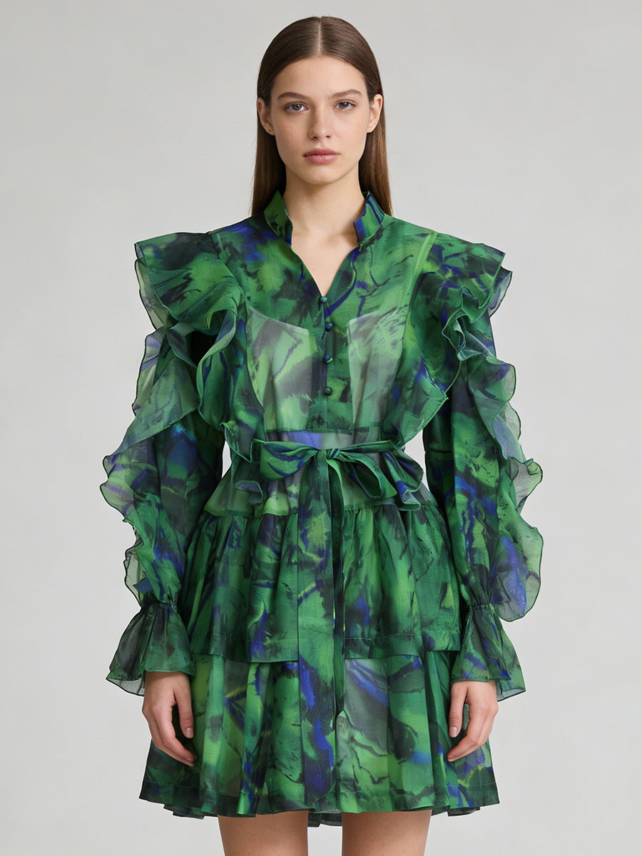 V-neck Ruffled Tie-waist Dress