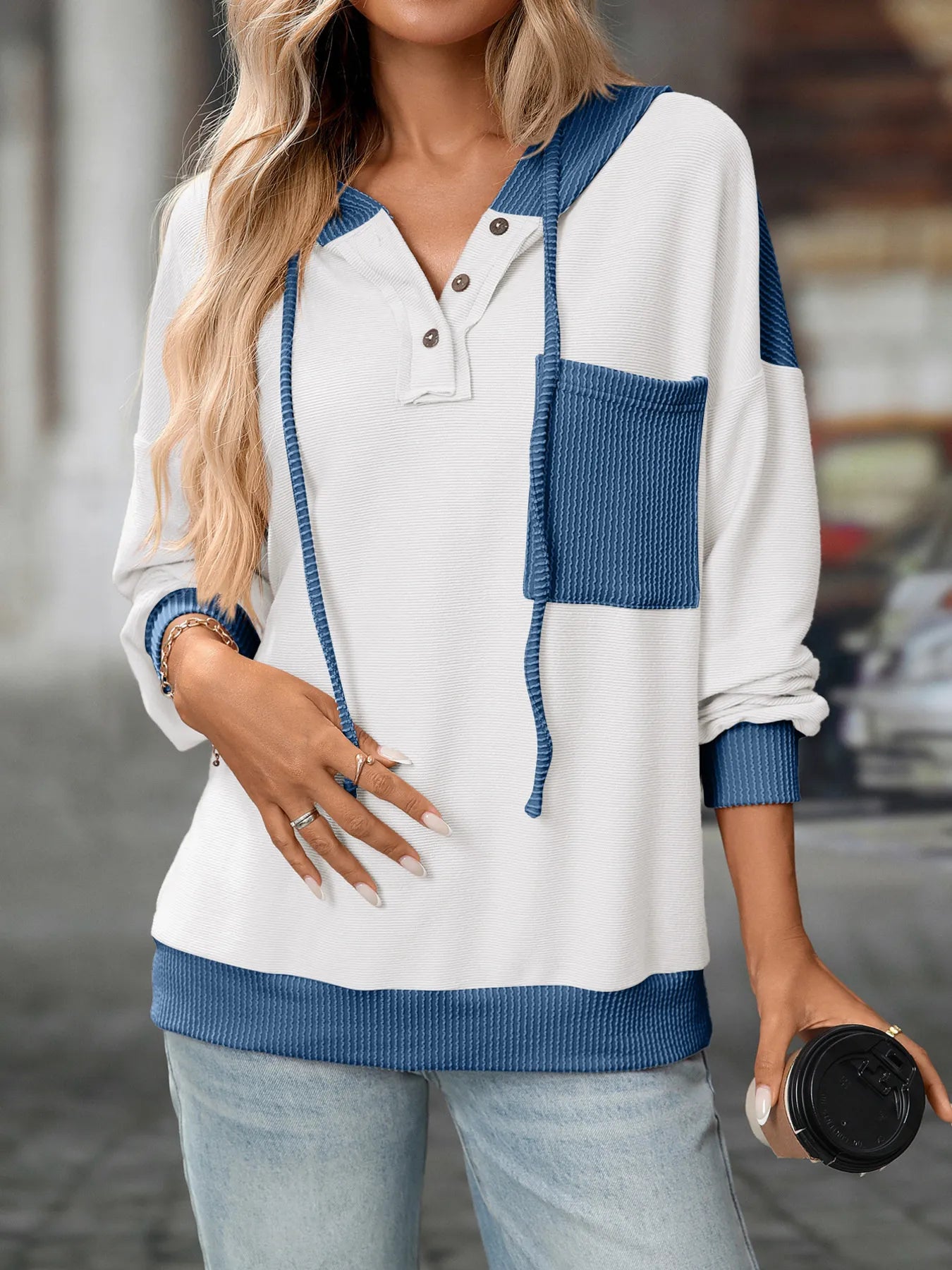 Drawstring Button Detail Long Sleeve Hoodie