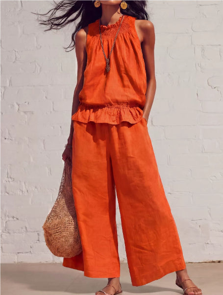 Summer Sleeveless Suit Fashion Ruffled Vest Top And Straight-leg Pants Women's Two-Piece Set