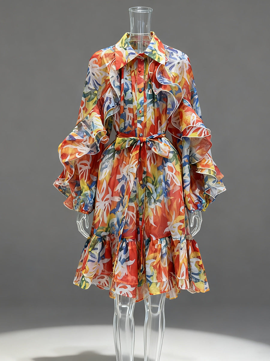 Single-breasted Stylish Tie-waist Collar Long-sleeved Dress