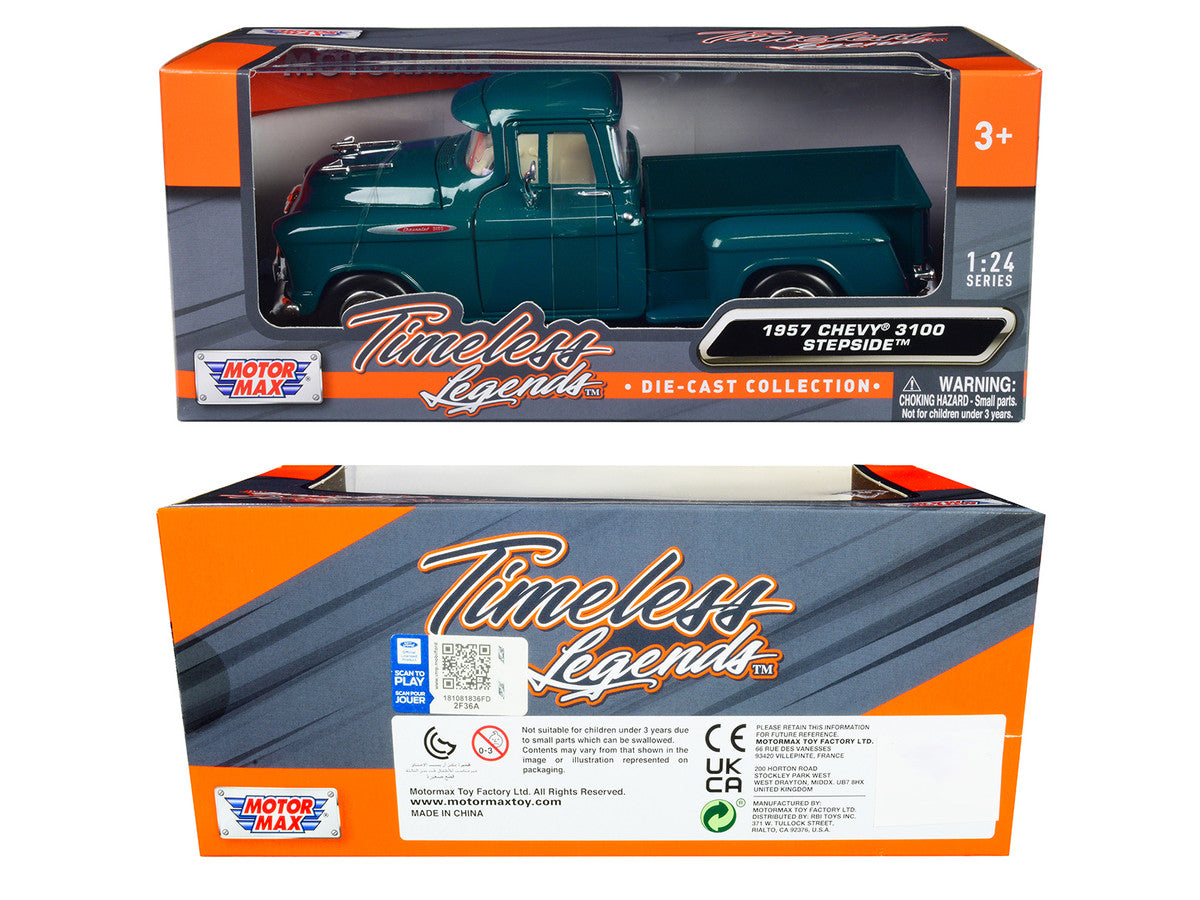 1957 Chevrolet 3100 Stepside Pickup Truck Teal Metallic "Timeless Legends" Series 1/24 Diecast Model Car by Motormax