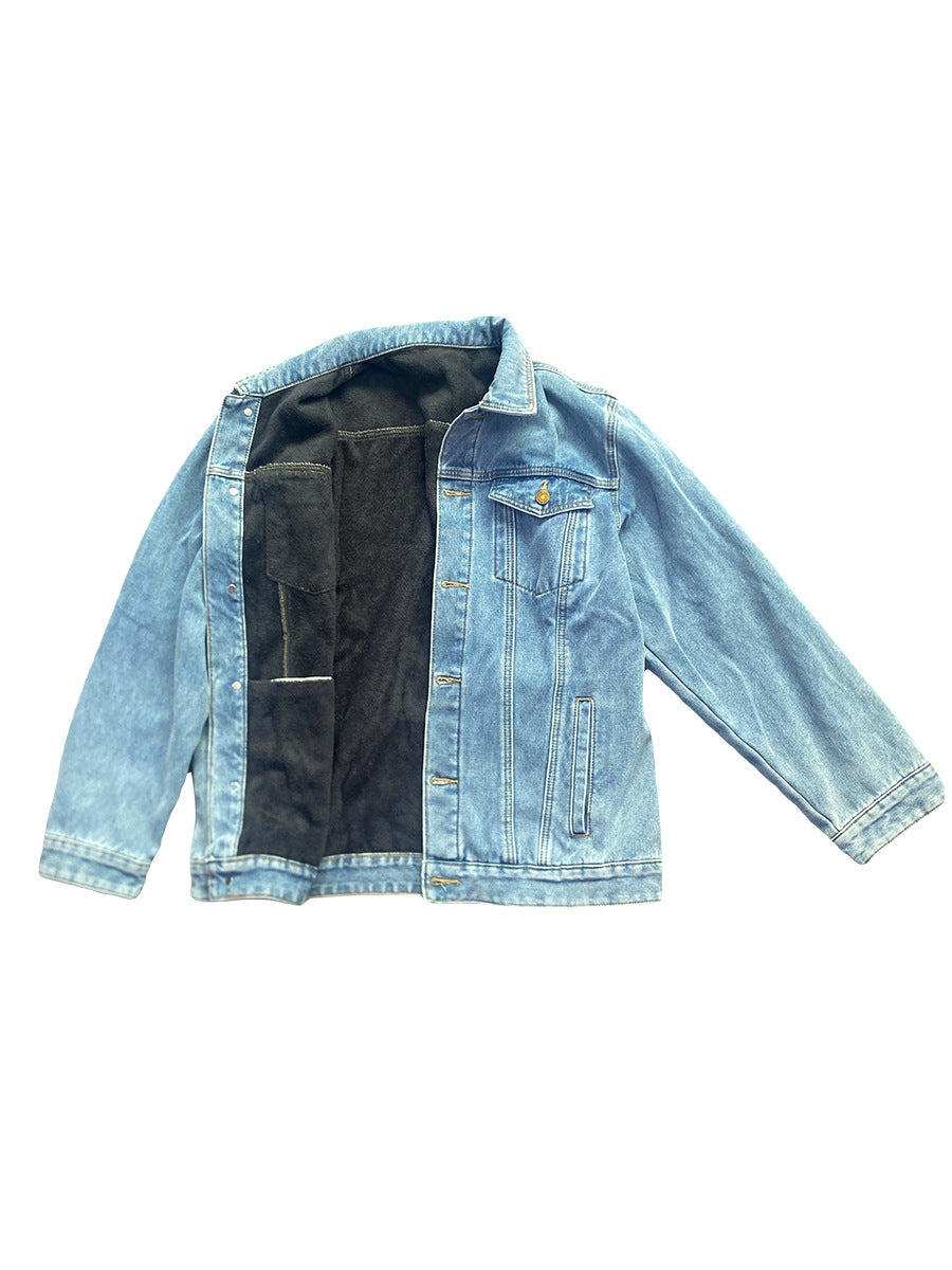 Cross-border, In-stock, Fleece-lined, And Thickened Denim Jacket For Men, Slim Fit, 2026 Autumn Winter Casual Jacket, Available On Amazon
